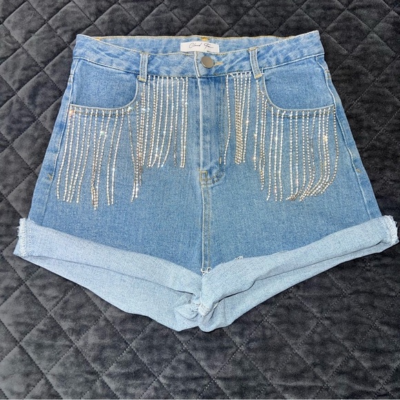 Cloud ten Shorts women small rhinestone fringe high waisted cuffed jean K - Picture 1 of 11